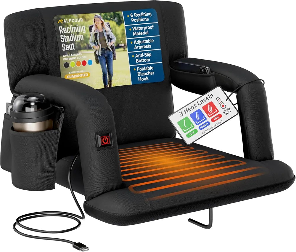 Heated Reclining Stadium Seat with Back Support - Black 21"