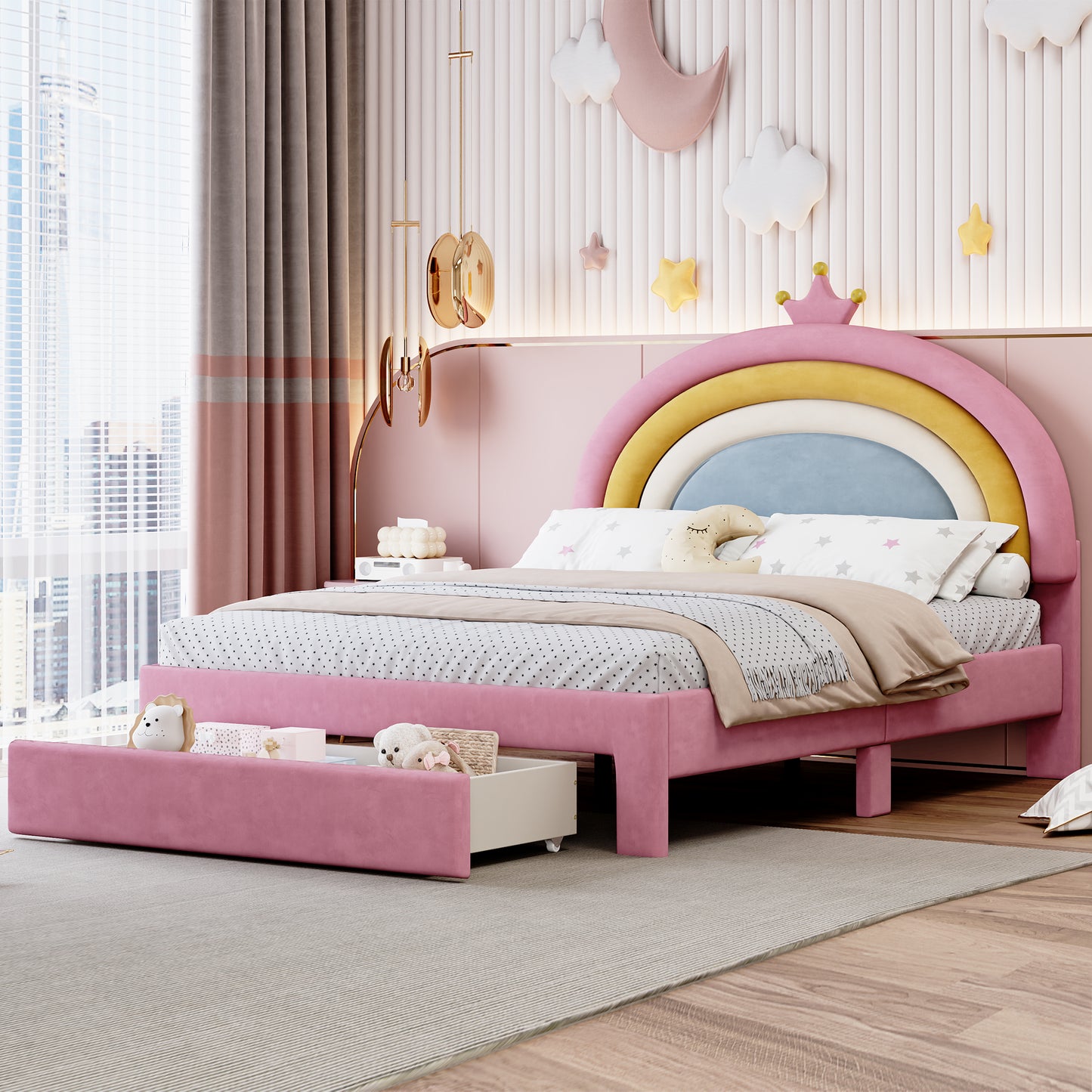 Full Size Upholstered Rainbow Design Bed, Velvet Princess Platform