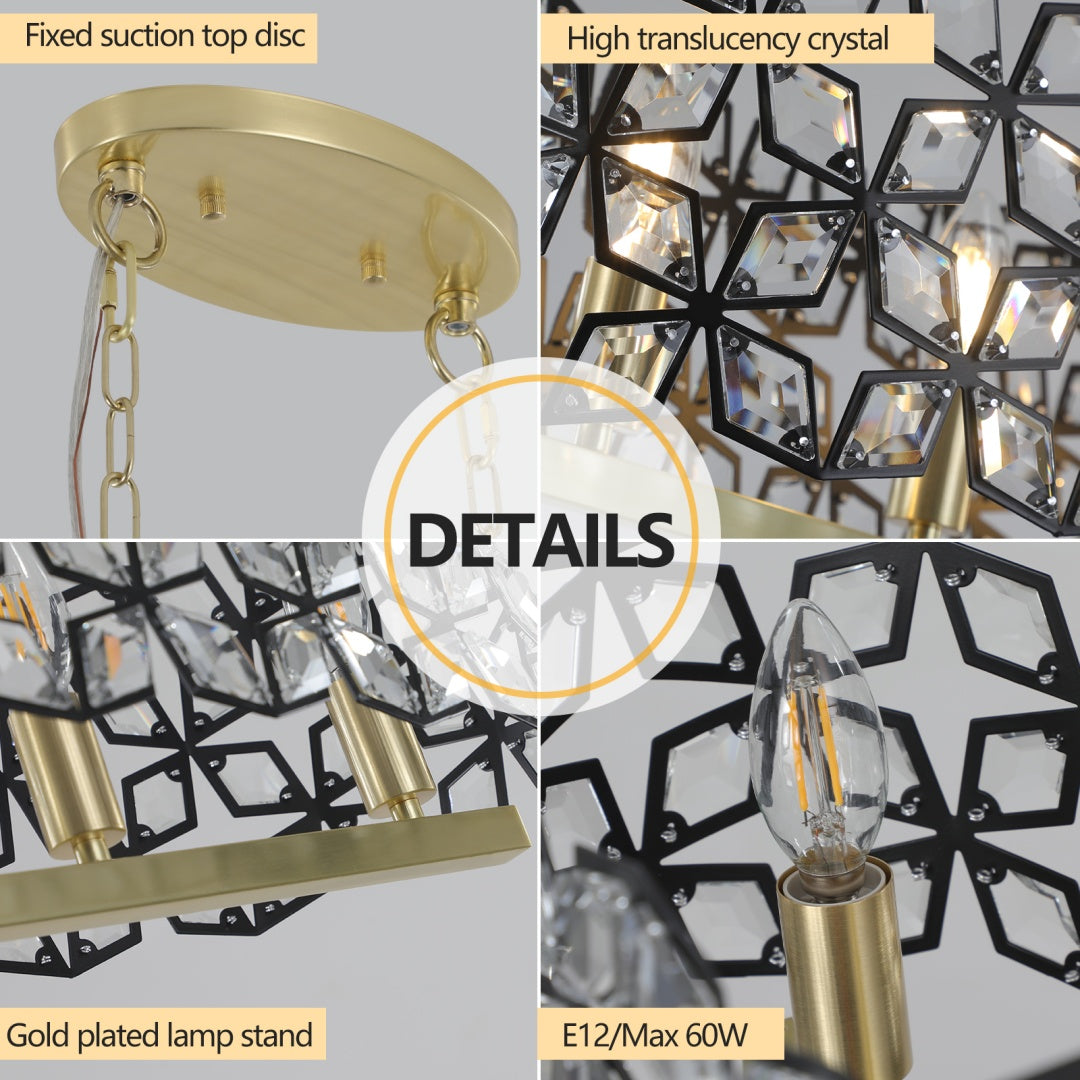 Contemporary Crystal Pendant Chandelier - Black & Gold Modern Light Fixture for Dining Room