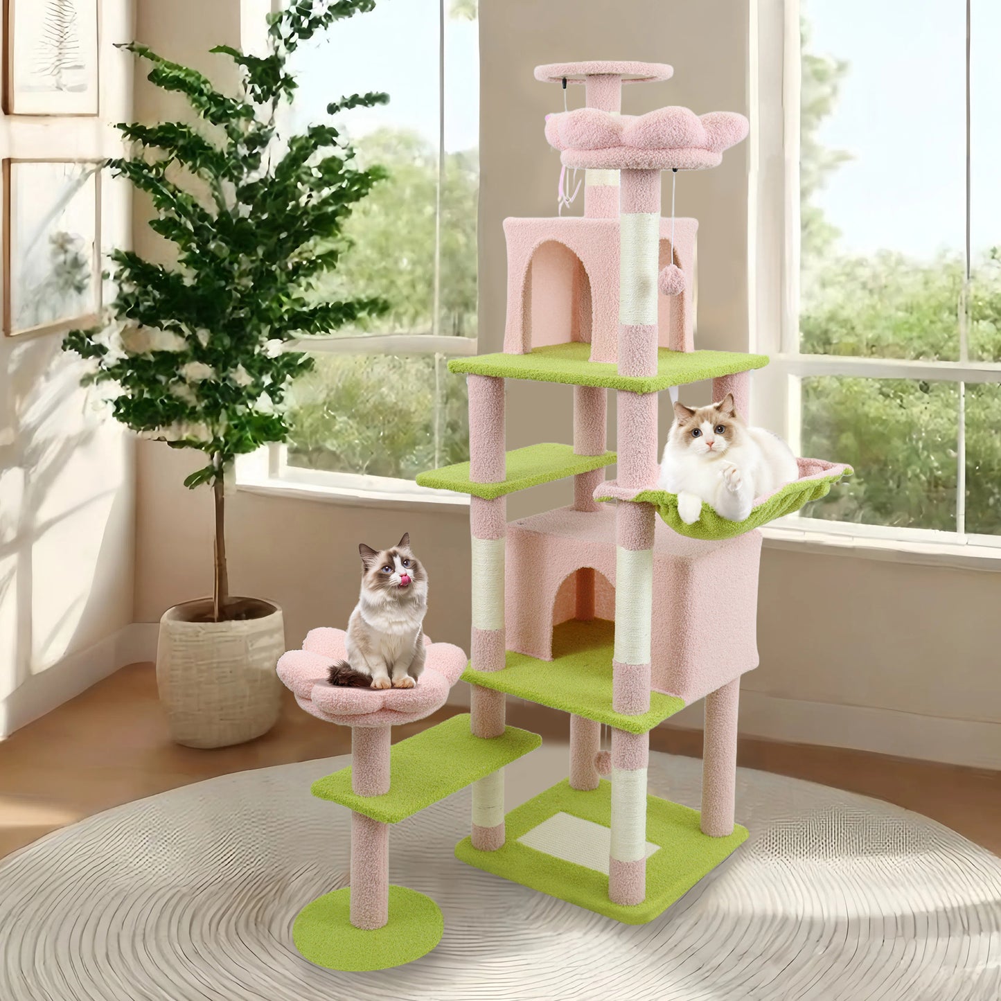 71-Inch Flower Cat Tree with Large Condo, Removable Flower Cushion & Hammock - Pink