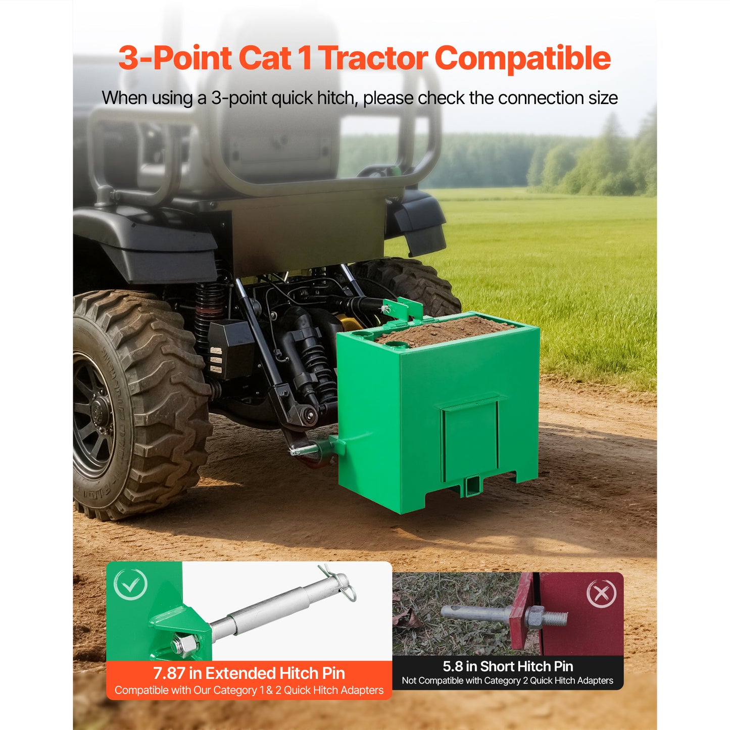 Heavy-Duty 800 Lb Tractor Ballast Box with 2-Inch Hitch, Steel Loader Attachment, Green