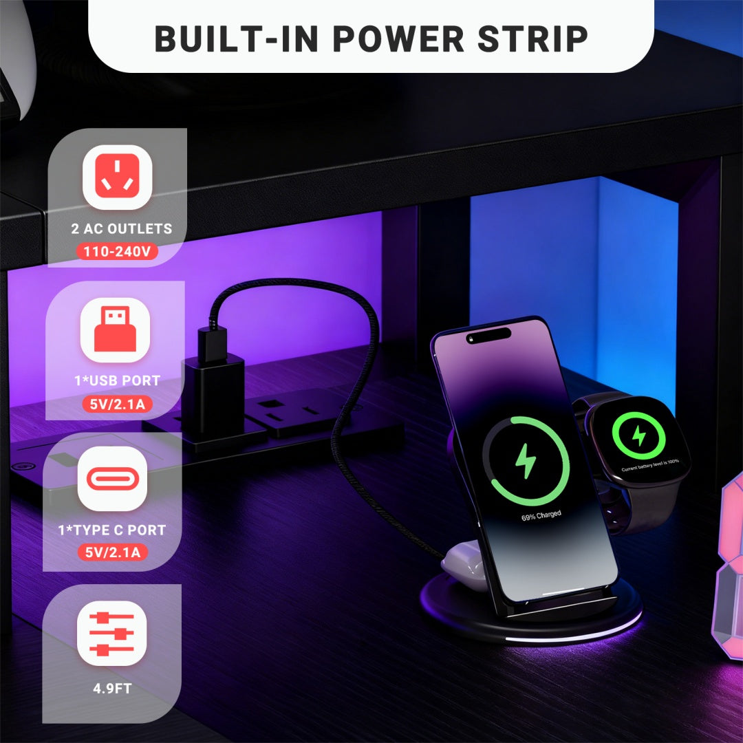 L-Shaped Gaming Table with USB Charging & LED Light