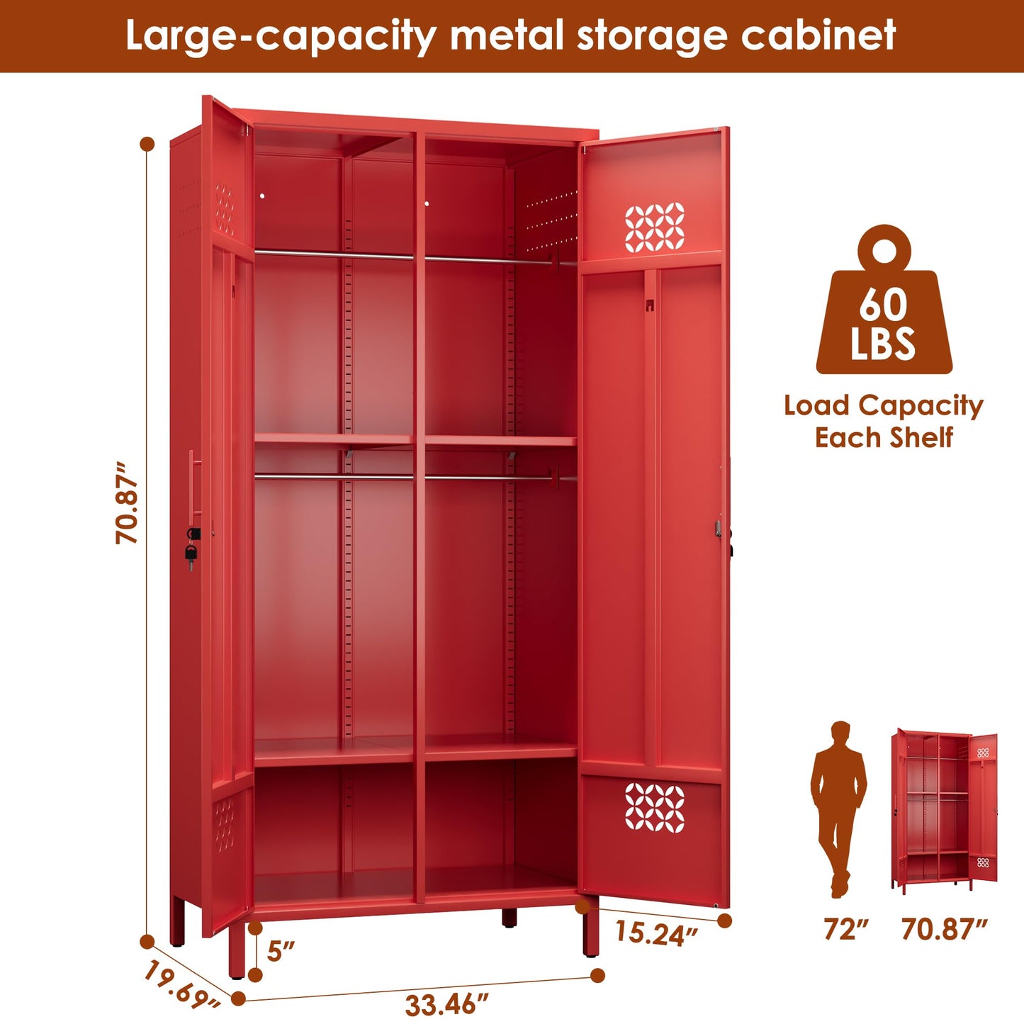 Metal Wardrobe Cabinet with Adjustable Shelves - Red