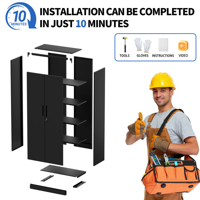 Heavy-Duty Black Steel Garage Storage Cabinet with Lock - 4 Shelves