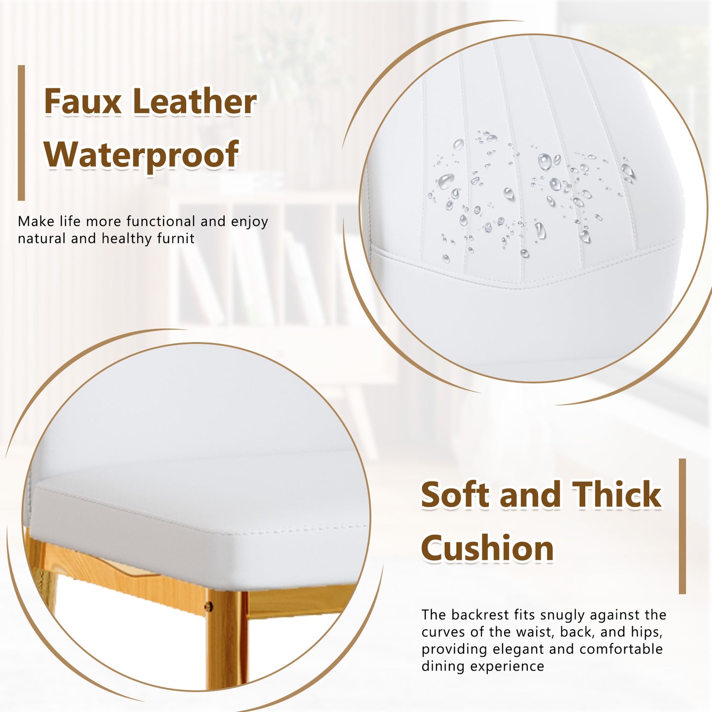 Set Of 4 Gold - And White Dining Chairs, 37 Inches High ,Ergonomic PU