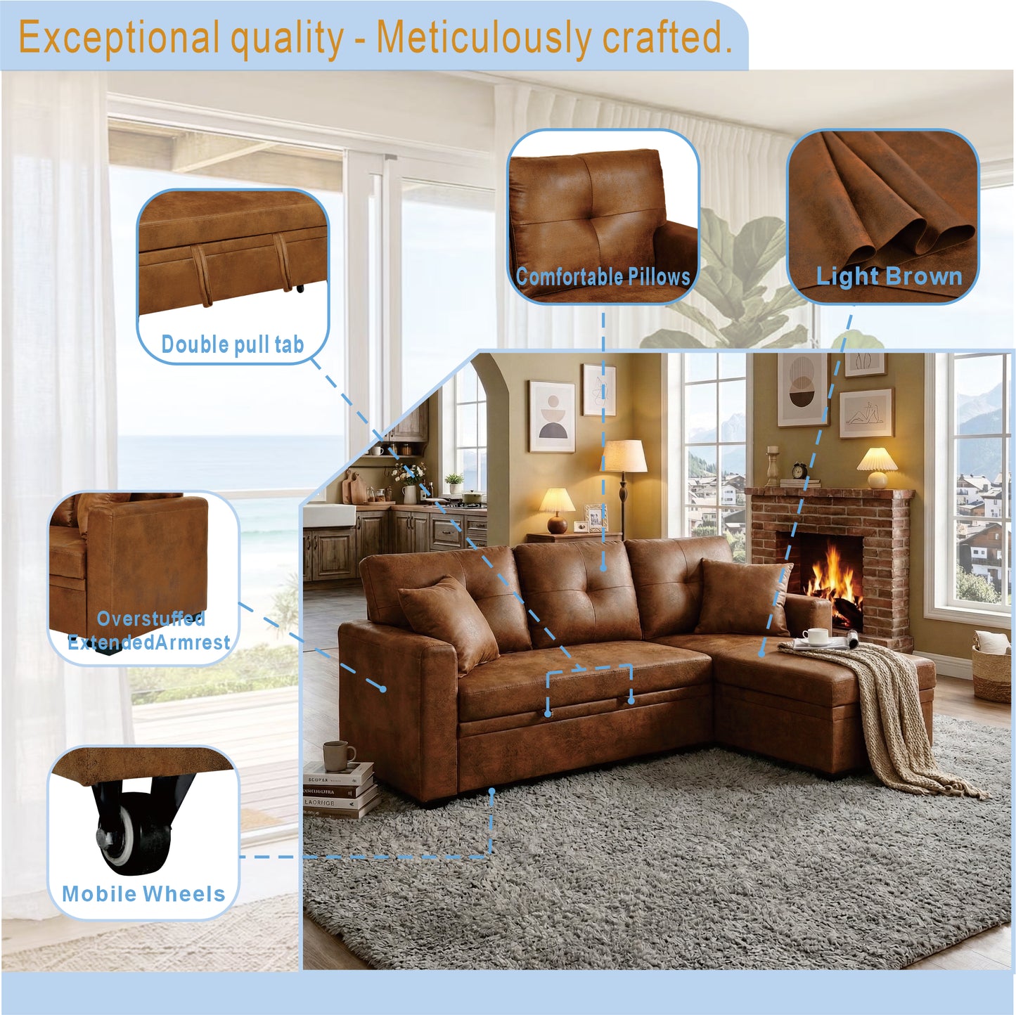 Light Brown Sectional Sofa Bed with Reversible Chaise & Storage
