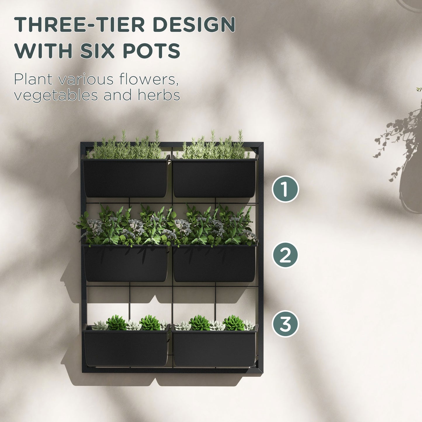3-Tier Wall-Mounted Hanging Planter Set with 6 Pots - Indoor & Outdoor Black