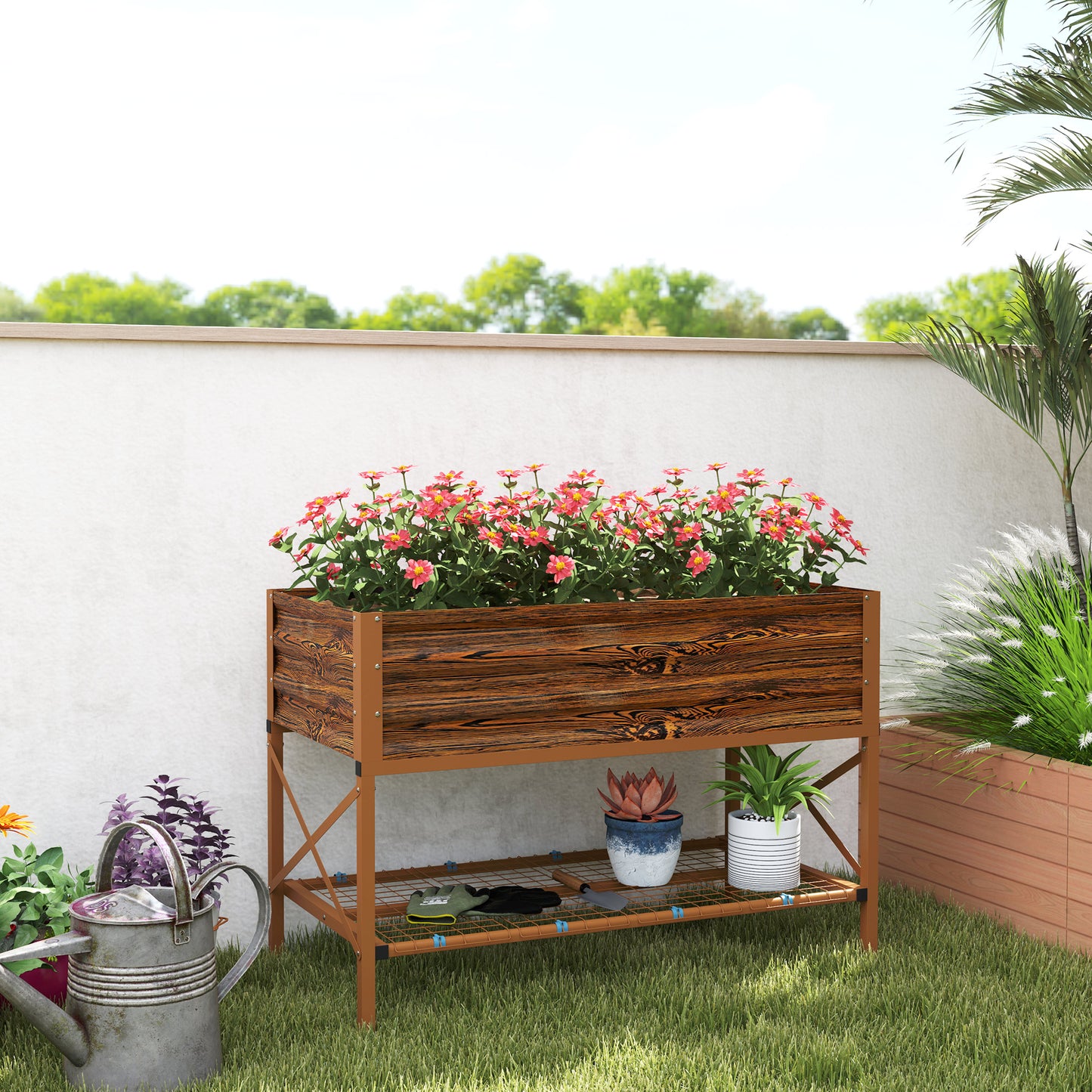 Galvanized Steel Raised Garden Bed with Storage Shelf - Dark Brown, 1180x360x95mm