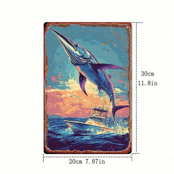 Vintage Ocean Fishing Metal Sign - 8x12 Inch Wall Art