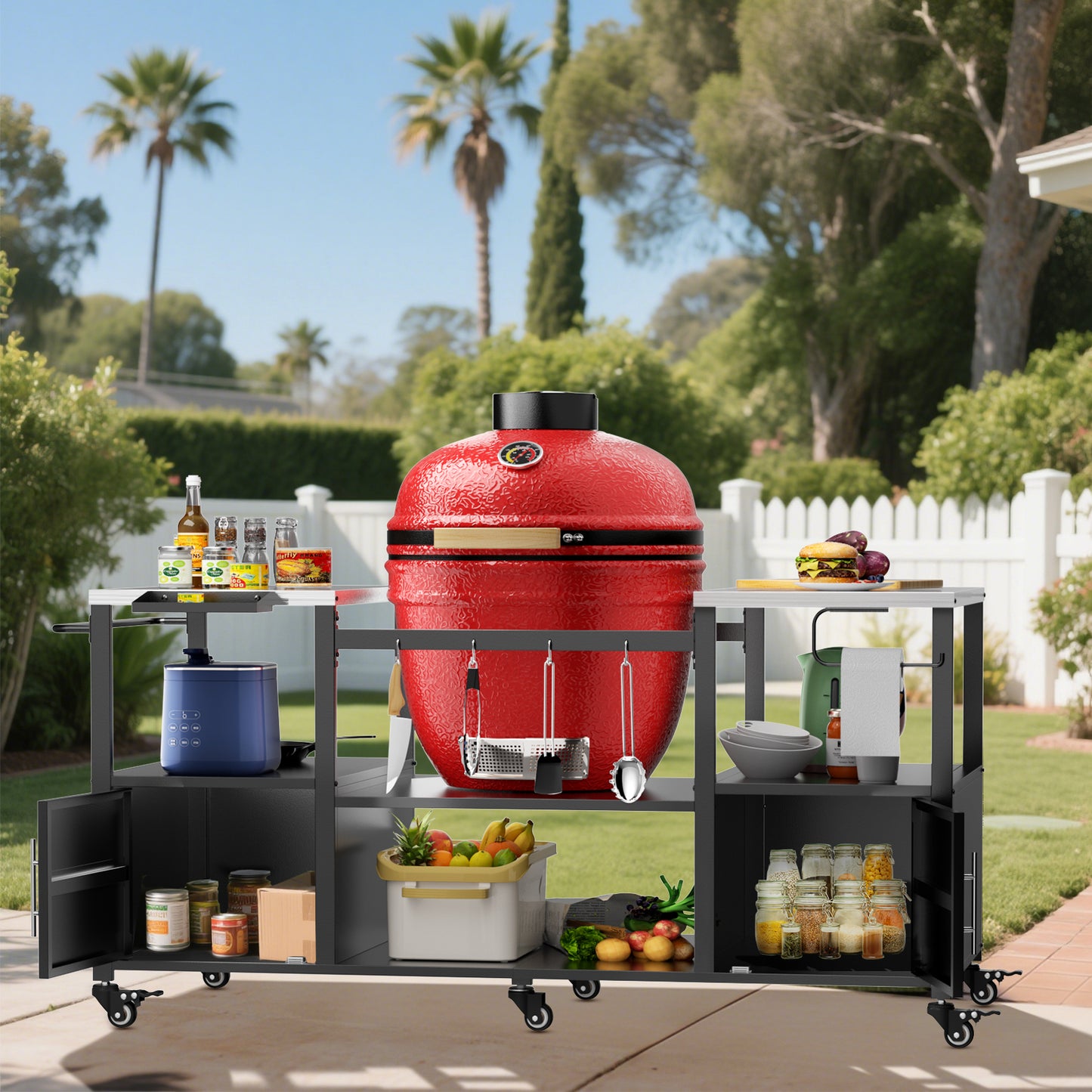 Outdoor Grill Cart for Big Green Egg & Kamado Joe - Metal BBQ Table with Storage