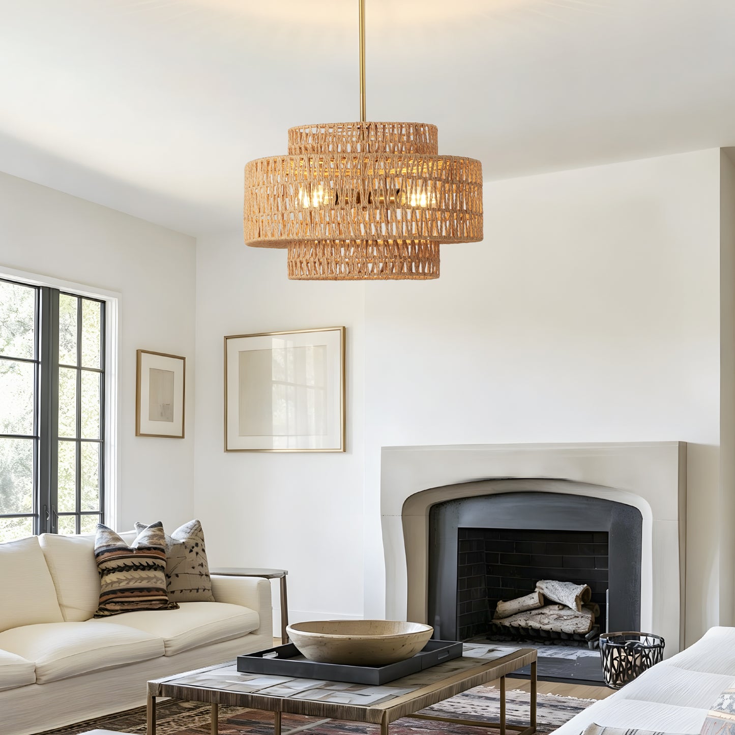 Boho Rattan Pendant Light Fixture - 17.7 Inch Farmhouse Chandelier, 4-Light