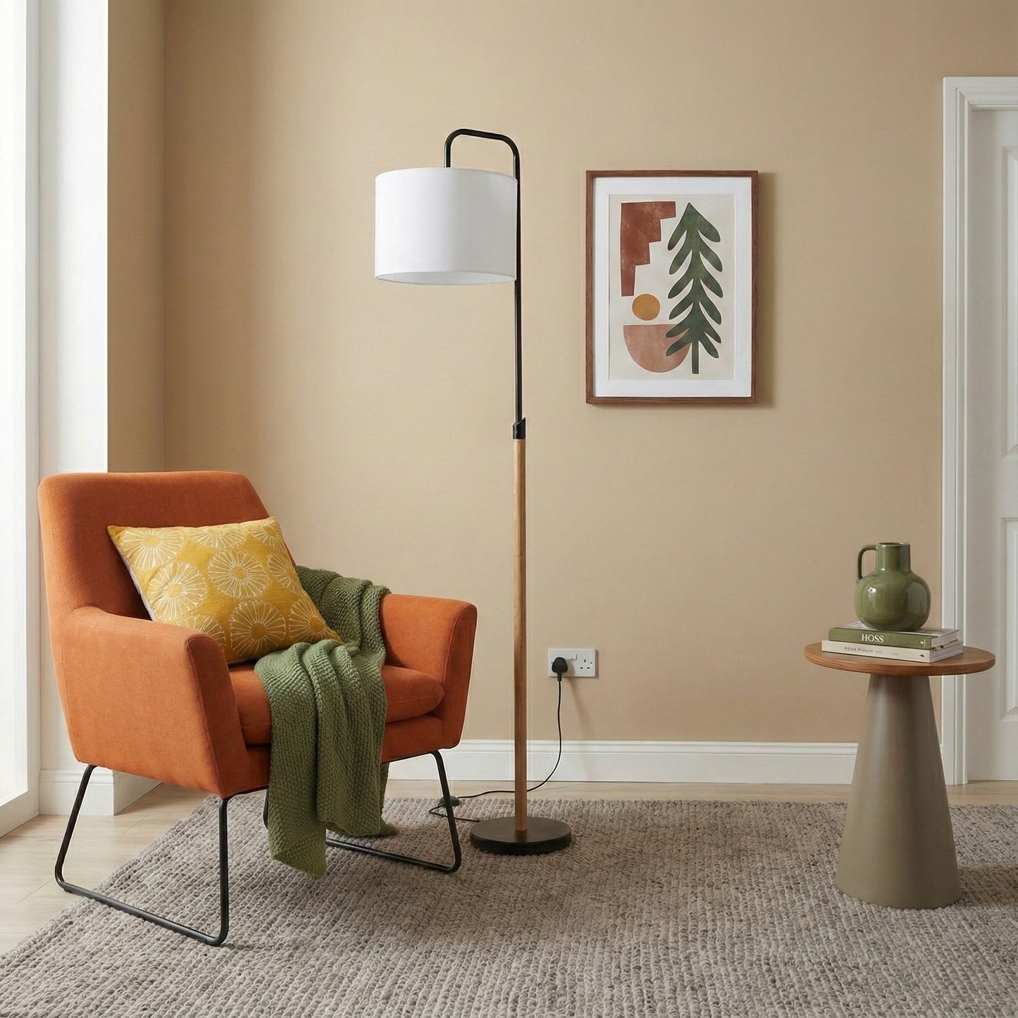 Floor Lamp With Cylinder Shade, Curved Standing Light For Living