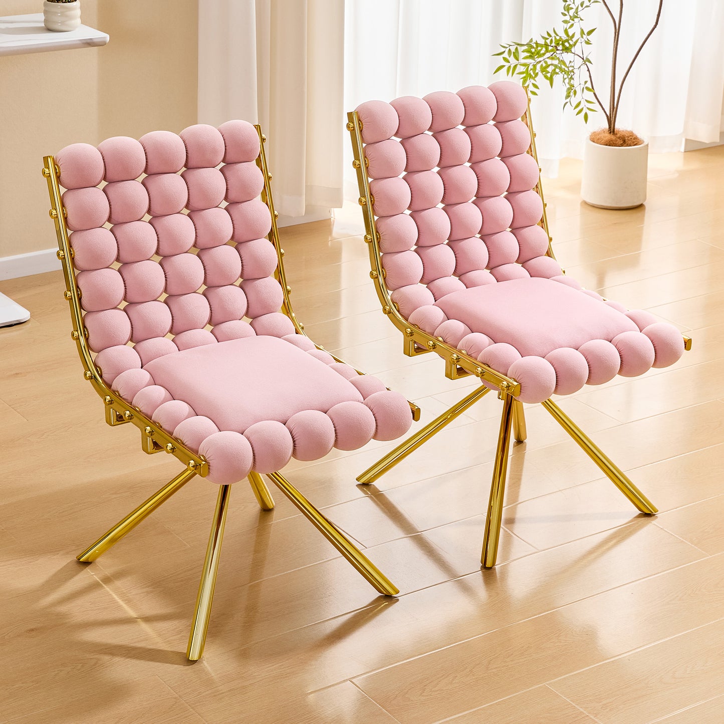 Set of 2 Plush Velvet Pink Bubble Tufted Accent Chairs - Gold Legs