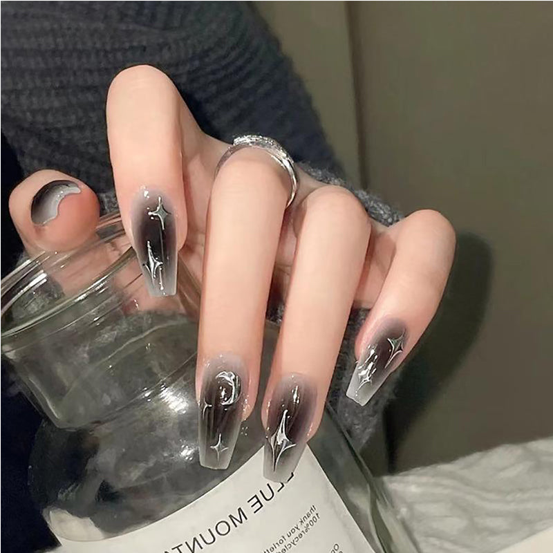 24 PCS Long Square Press-On Nails - Black and Silver Star Design