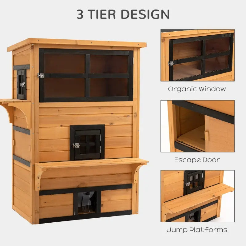 Outdoor Cat House with 5 Escape Doors Weatherproof Wooden Shelter - Yellow & Black