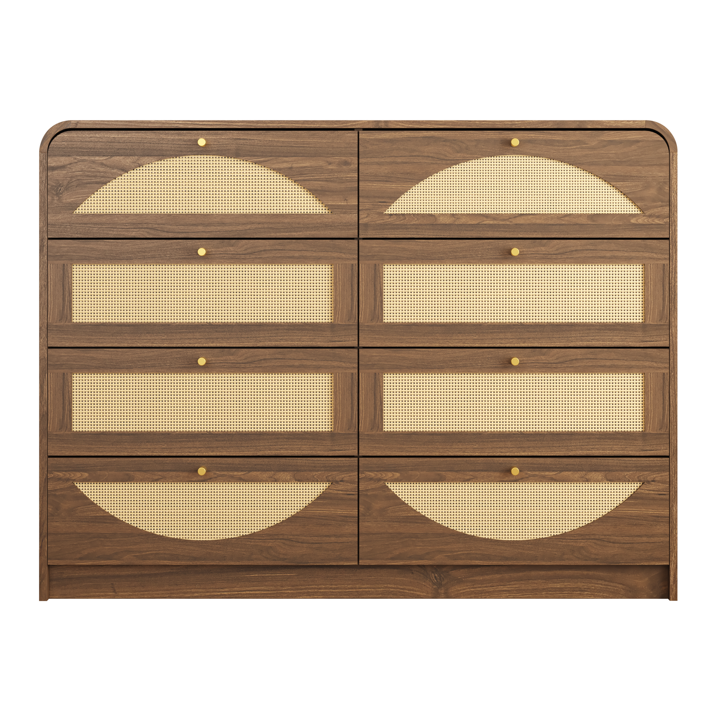 Walnut 8-Drawer Dresser with Rattan Front - Modern Storage Cabinet