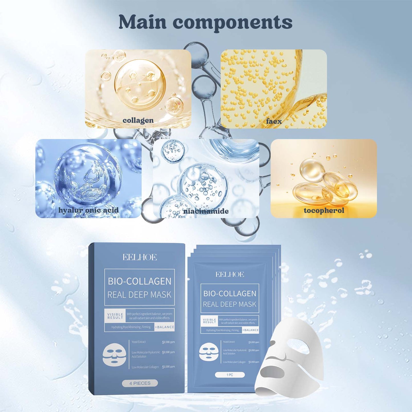 Bio-Collagen Deep Hydration Sheet Mask - Pore Minimizing & Firming - 4 Pack