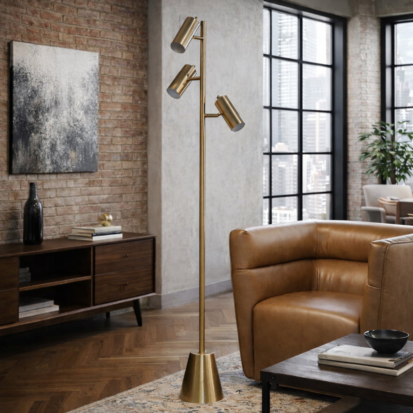 Lumina Brassed Gold Floor Lamp With Rotary Triple Spots Metal Cone
