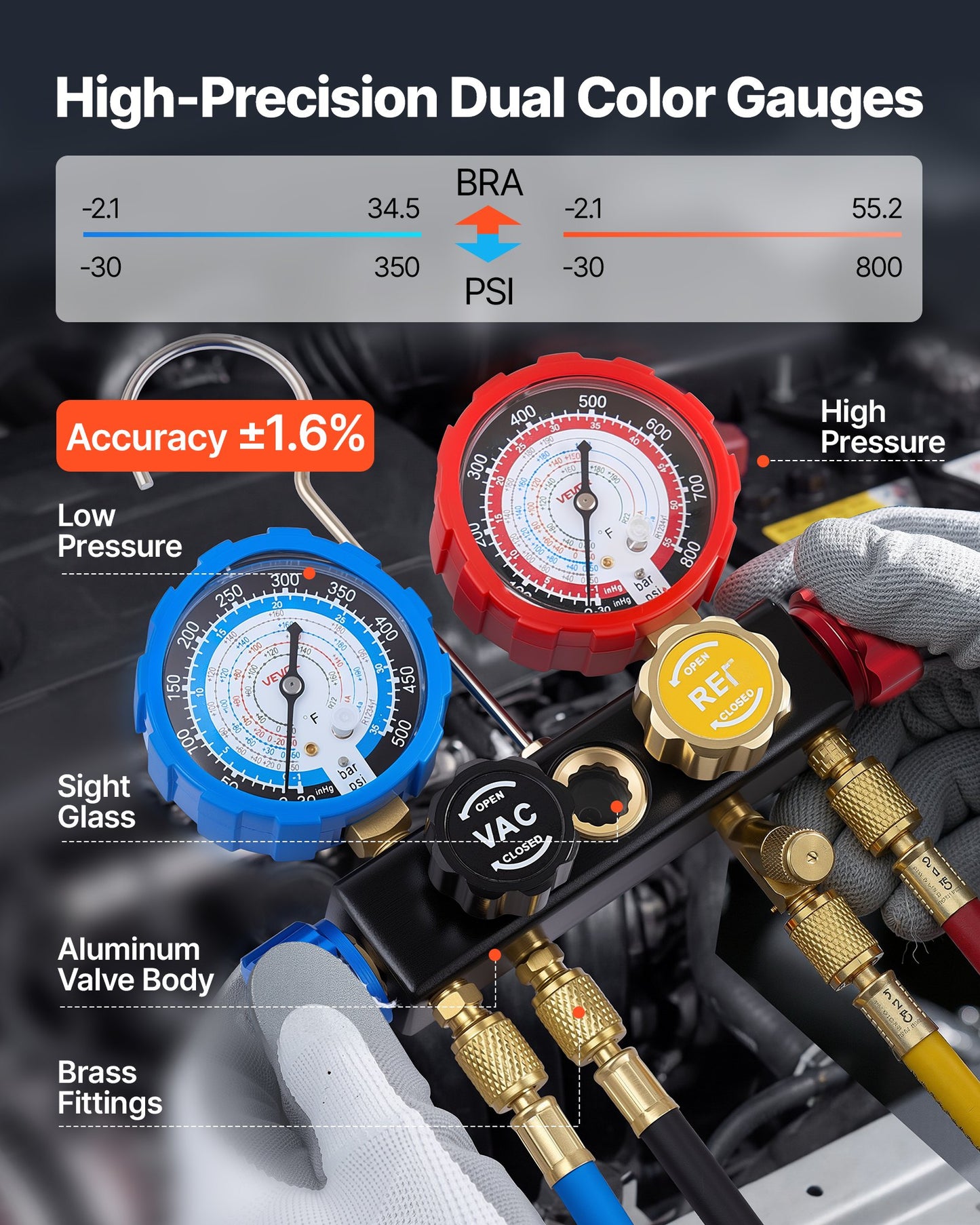 Automotive AC Manifold Gauge Set with 4 Hoses for R134a R404A R1234yf R22 Recharge
