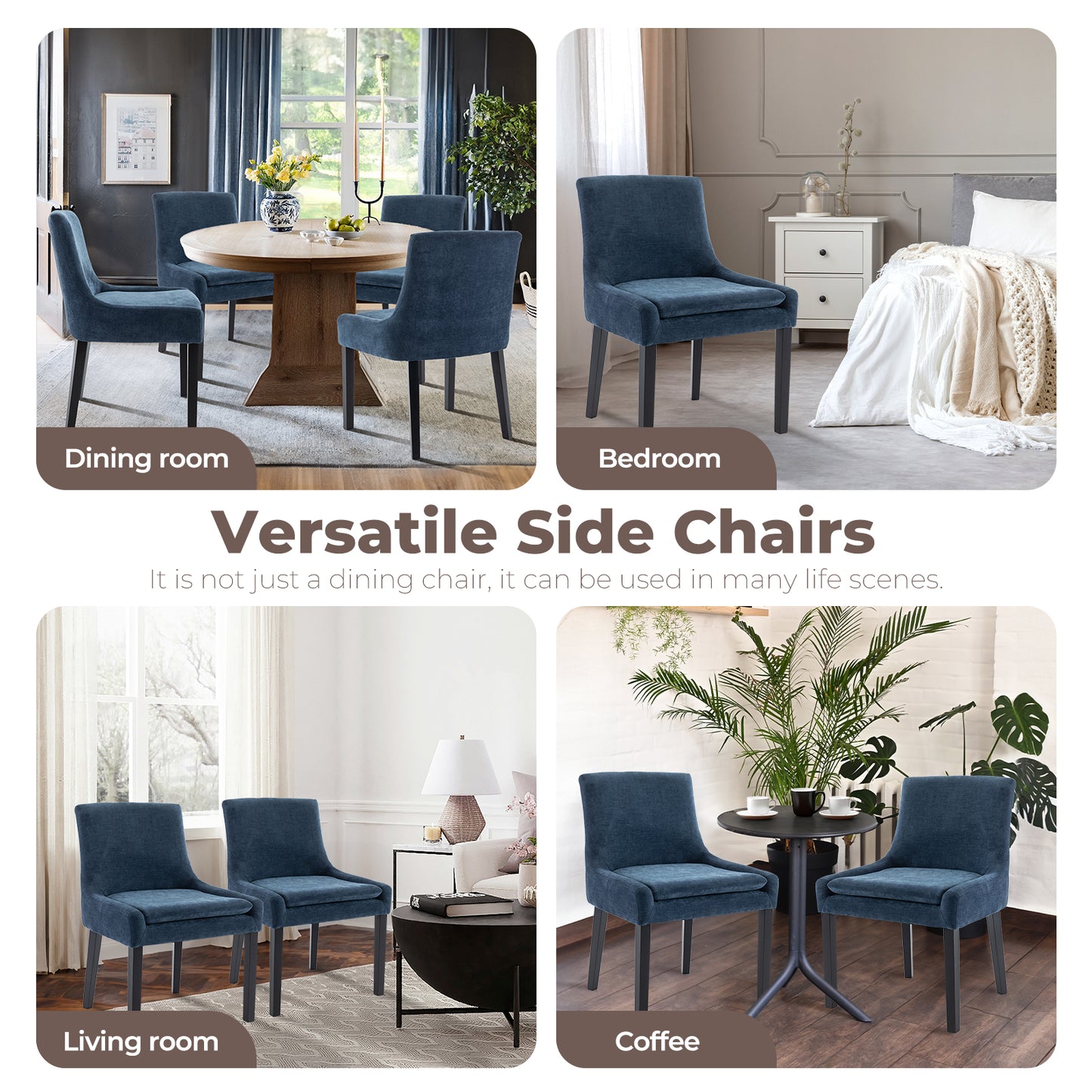 Upholstered Dining Chairs Set of 2 - Mid Back, Wood Legs