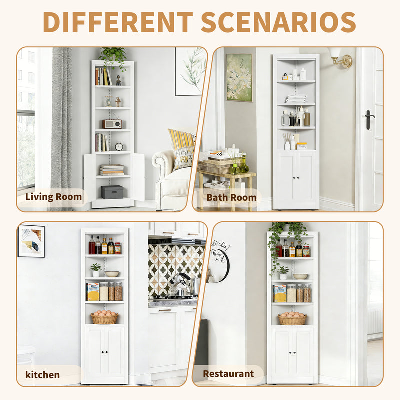 71-Inch White Corner Storage Cabinet with 5-Tier Shelves