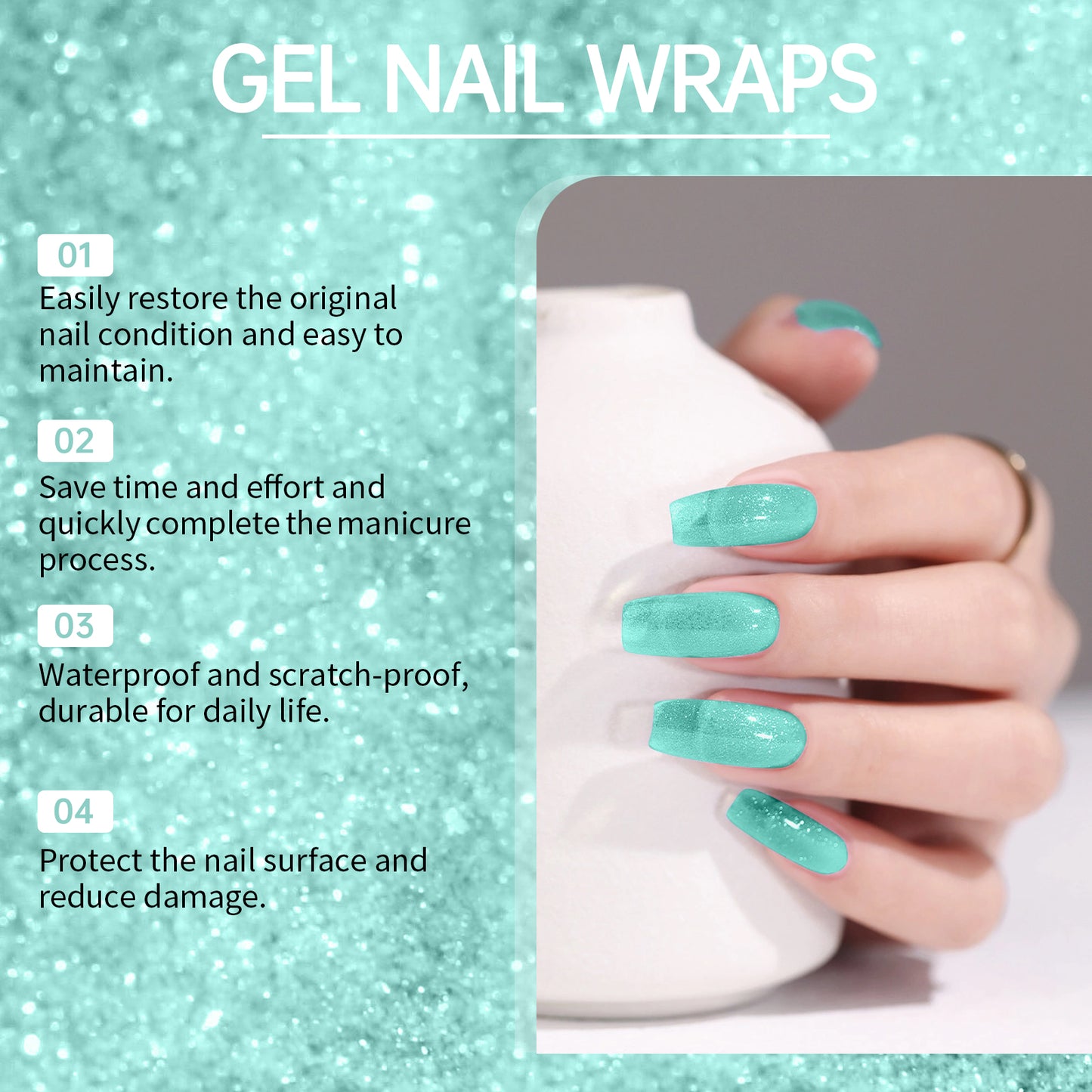 Semi-Cured Gel Nail Sticker Set - Shiny Blue-Green Minimalist Style