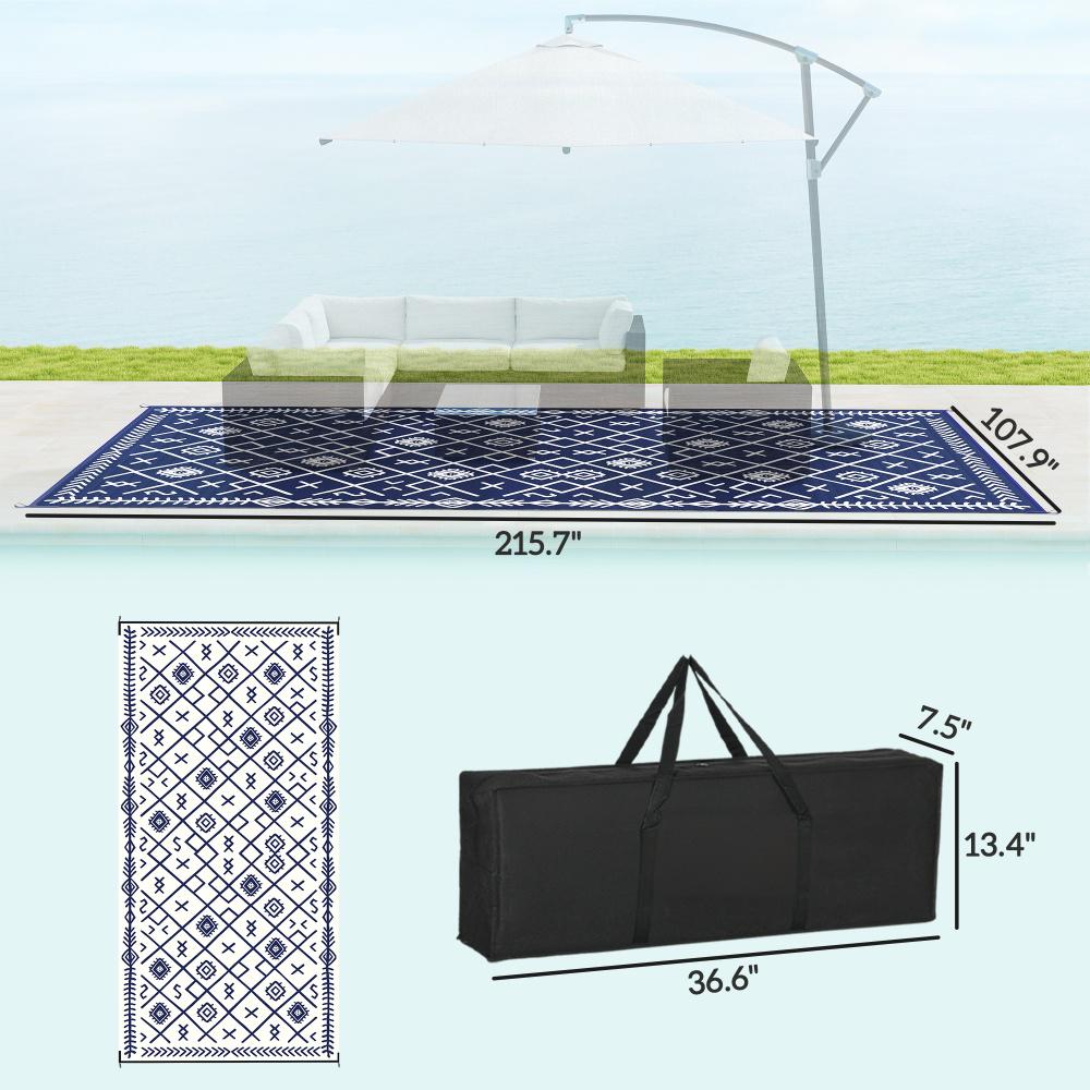 Reversible Outdoor Rug - Waterproof Blue & White Rhombus, 9' x 18'