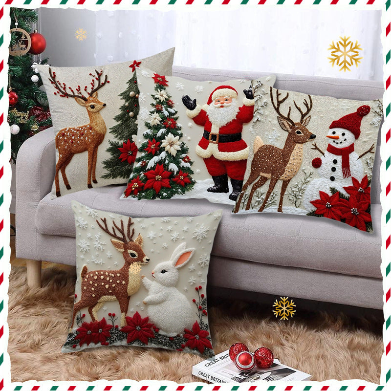 Festive Elk Rabbit Holiday Pillow Cover - Christmas Linen Cushion Decor