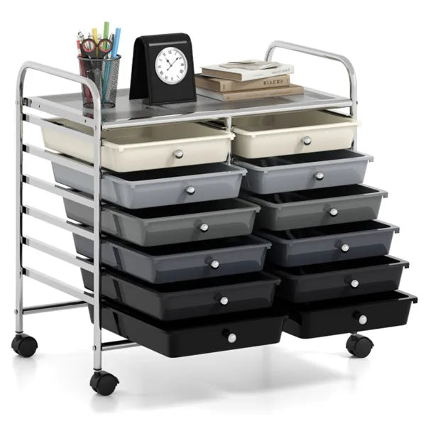 12-Drawer Rolling Storage Cart - 2-Row 10-Storey, Multicolor Drawers,