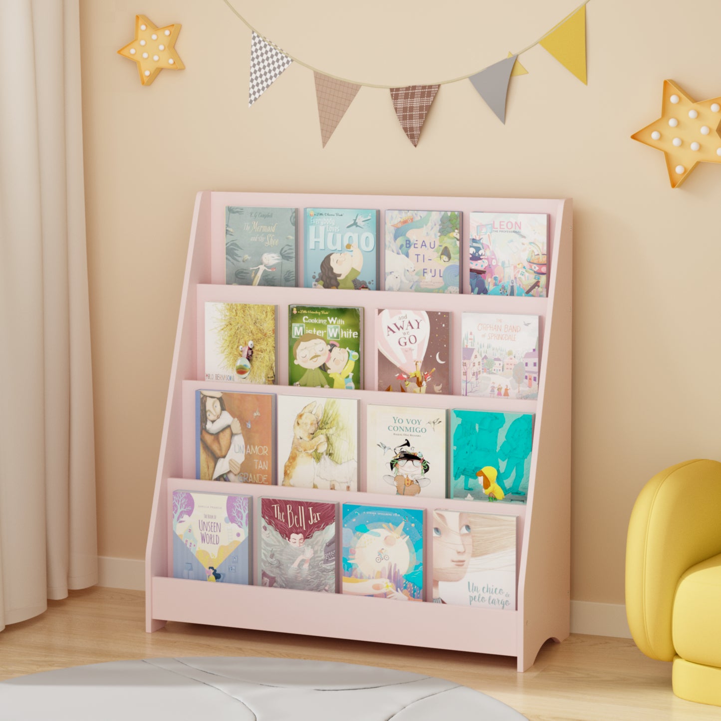 4-Tier Kids Bookshelf - Pink MDF Book Display Shelf