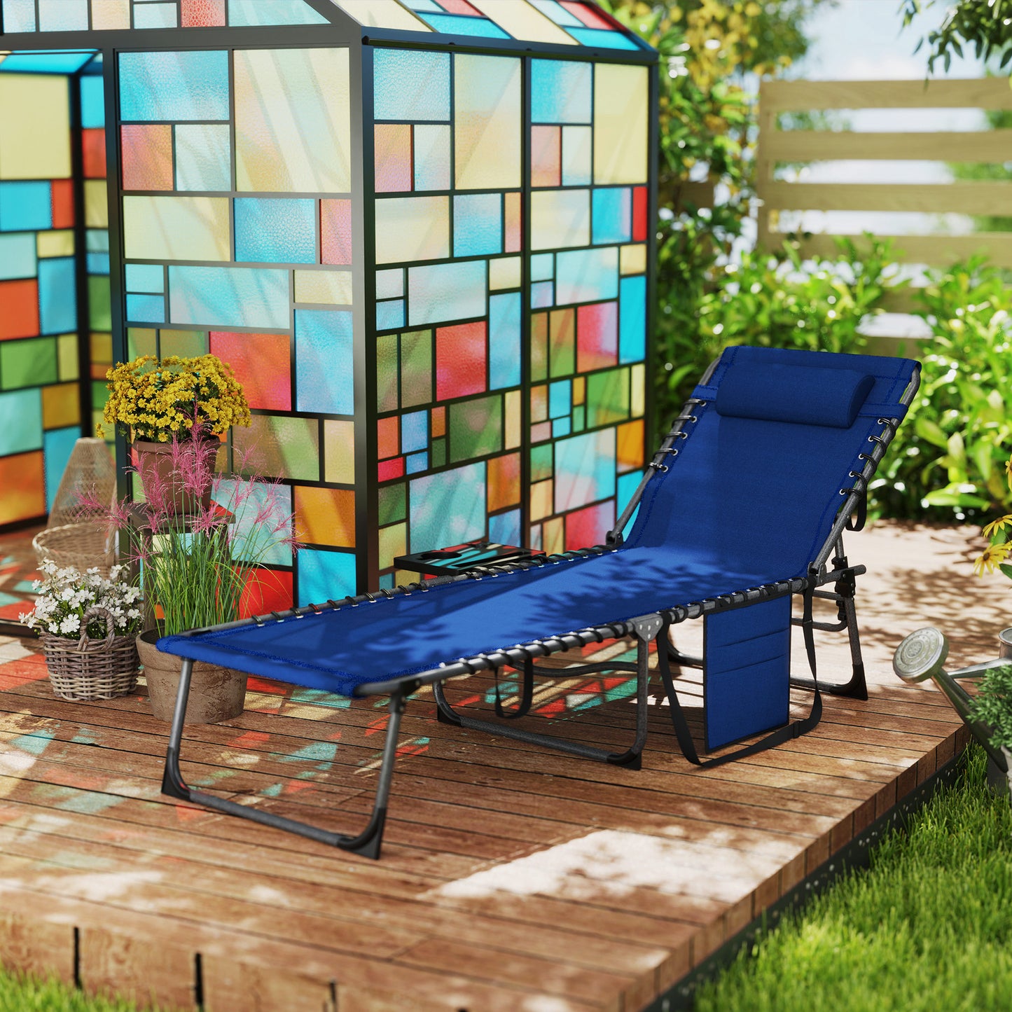 Folding Outdoor Chaise Lounge Chair with Adjustable Back and Side Table - Dark Blue