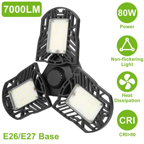 LED Garage Light 80W 7000LM Deformable Ceiling Lamp E26/E27 Workshop Lighting