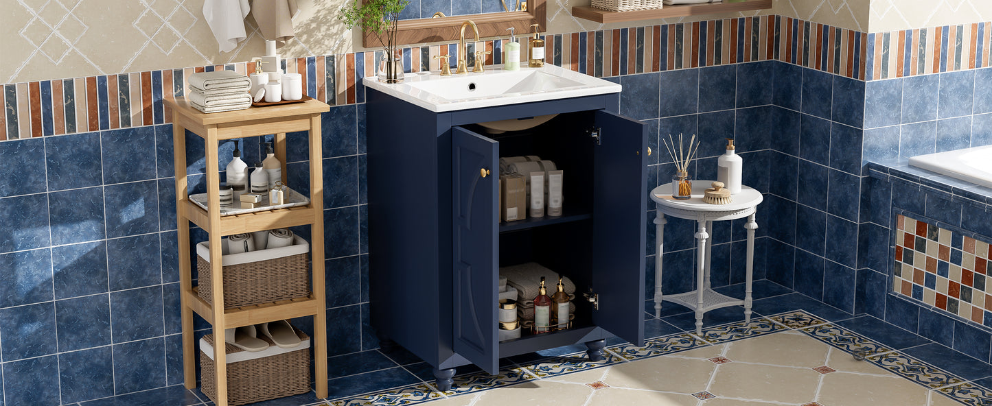 24" Blue Modern Bathroom Vanity with Ornate Design & Soft-Close Hinges