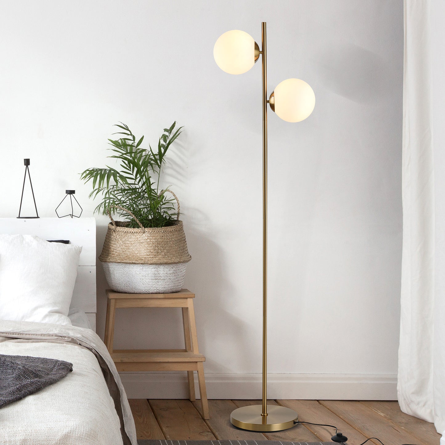 Modern Gold Floor Lamp with 2 Glass Shades - Adjustable Indoor Lighting