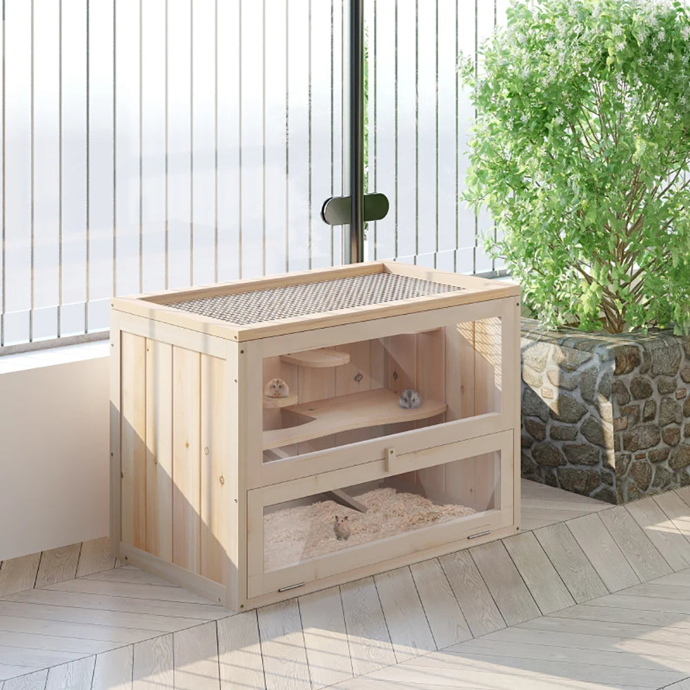 2-Level Small Animal Cage for Hamsters Mice Rodents with Open Top & Ramps - Nature Wood