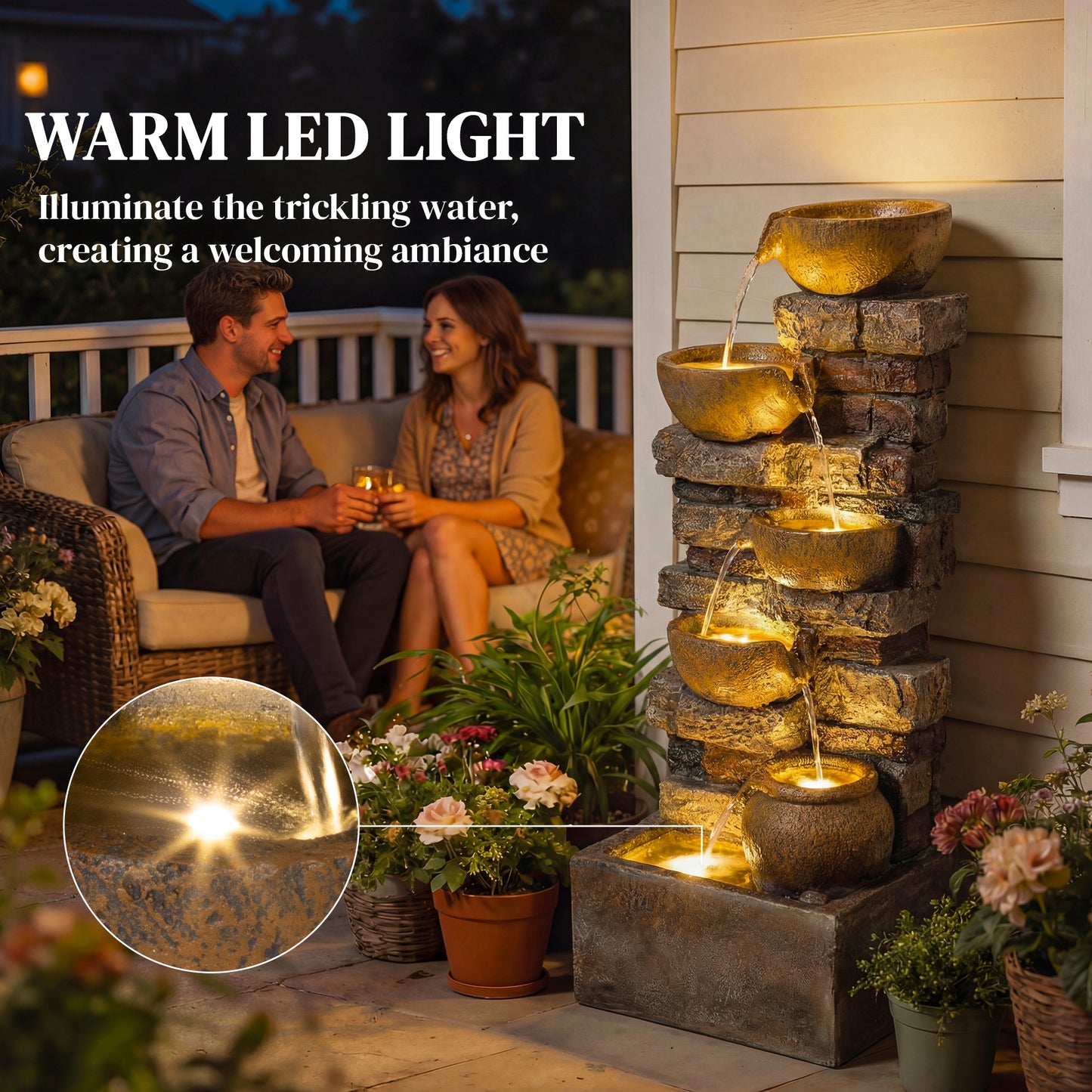 28-Inch Outdoor Fountain with 5-Tier Rustic Jugs, LED Lights, Adjustable Water Flow