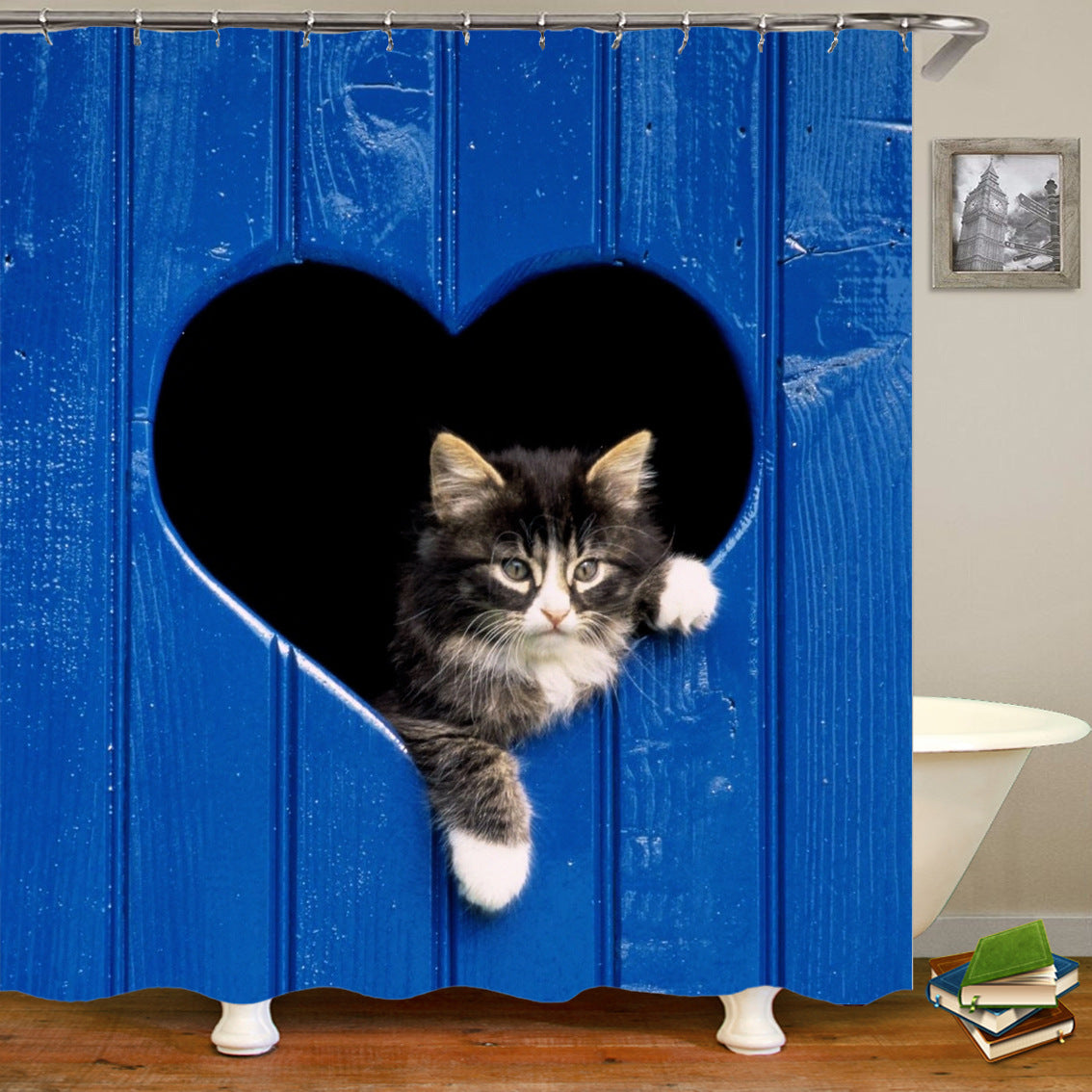 Cute Cat Shower Curtain Waterproof Fabric with Hooks - Funny Bathroom Decor