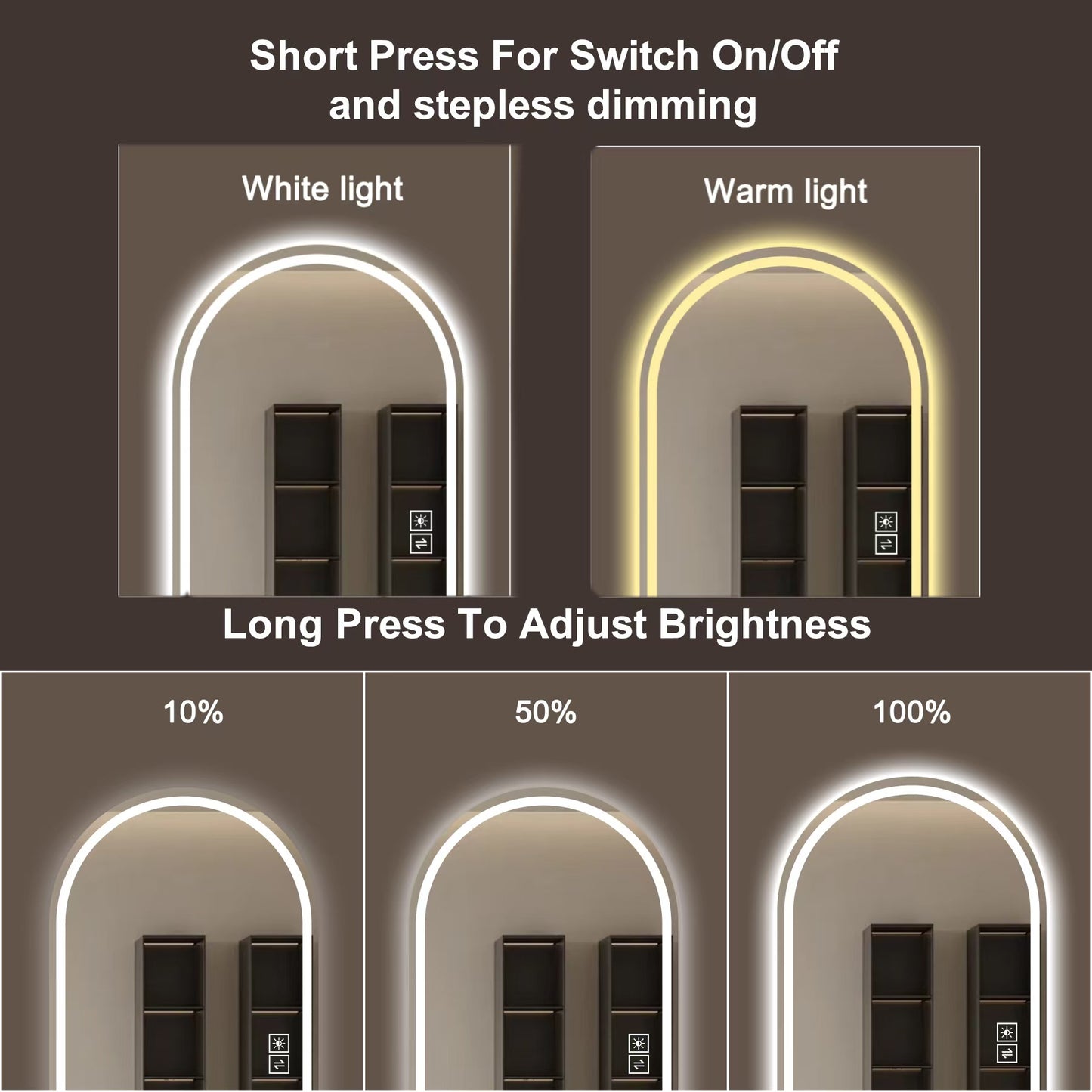 65" x 21" Arch LED Bathroom Mirror - Dimmable Anti-Fog Glass