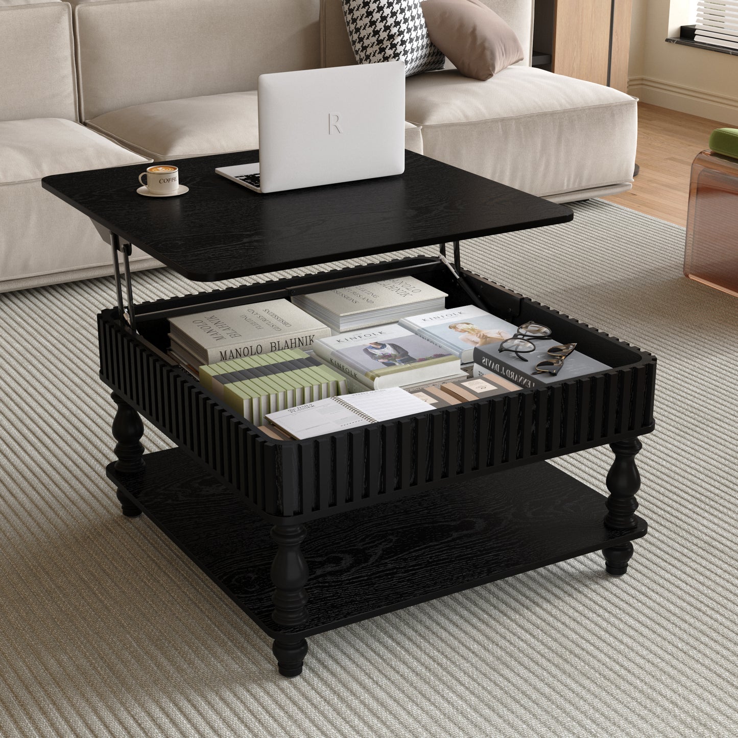 Lift-Top Coffee Table with Hidden Storage - Square Black