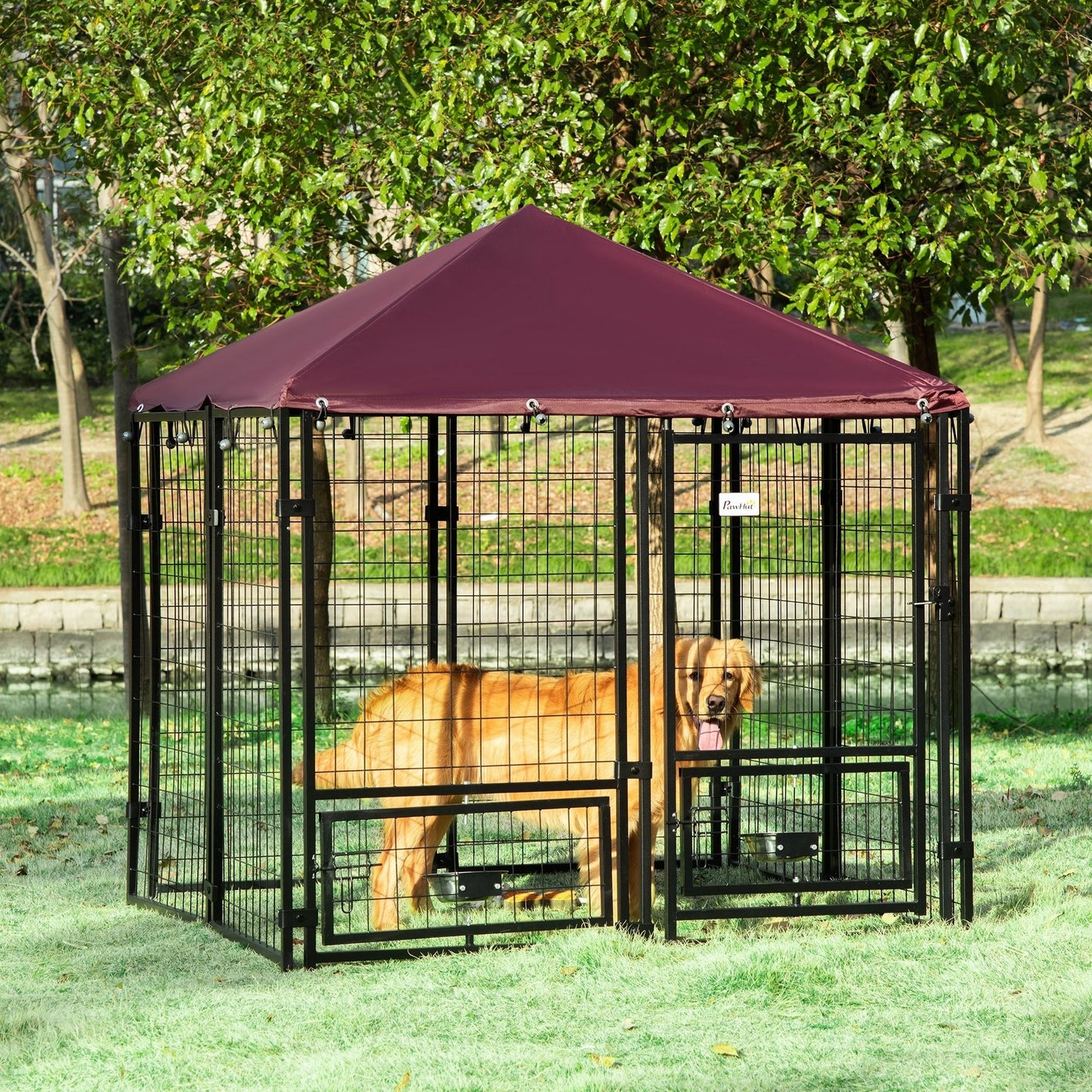 Outdoor Dog Kennel with Rotating Bowls Waterproof Cover 55x55x60in Red