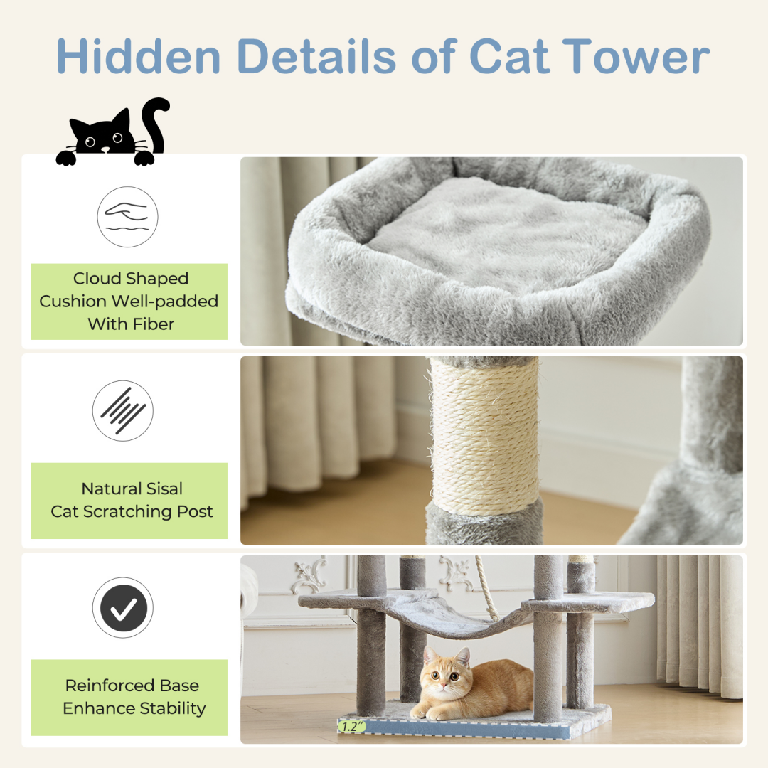 Large 66 Inch Multi-Level Cat Tree Tower with Condos & Hammock - Indoor Pet Furniture