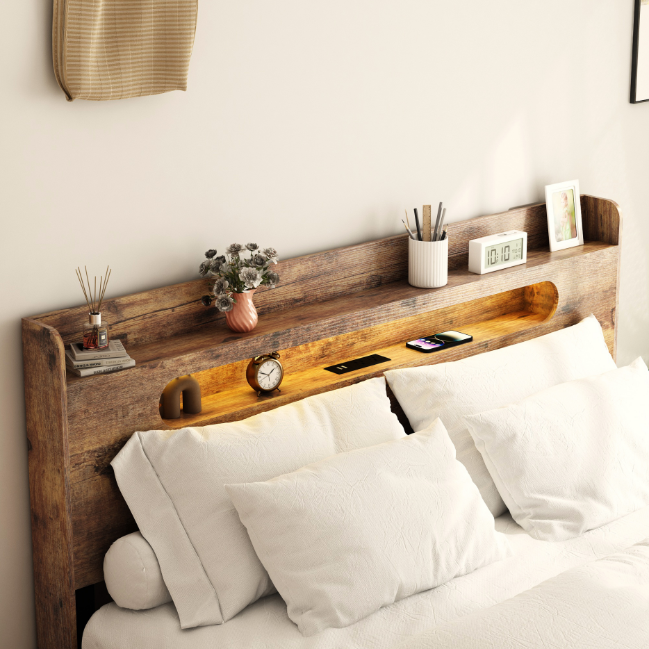 Full Wood Bed Frame with LED Headboard & USB Charging, Dark Brown