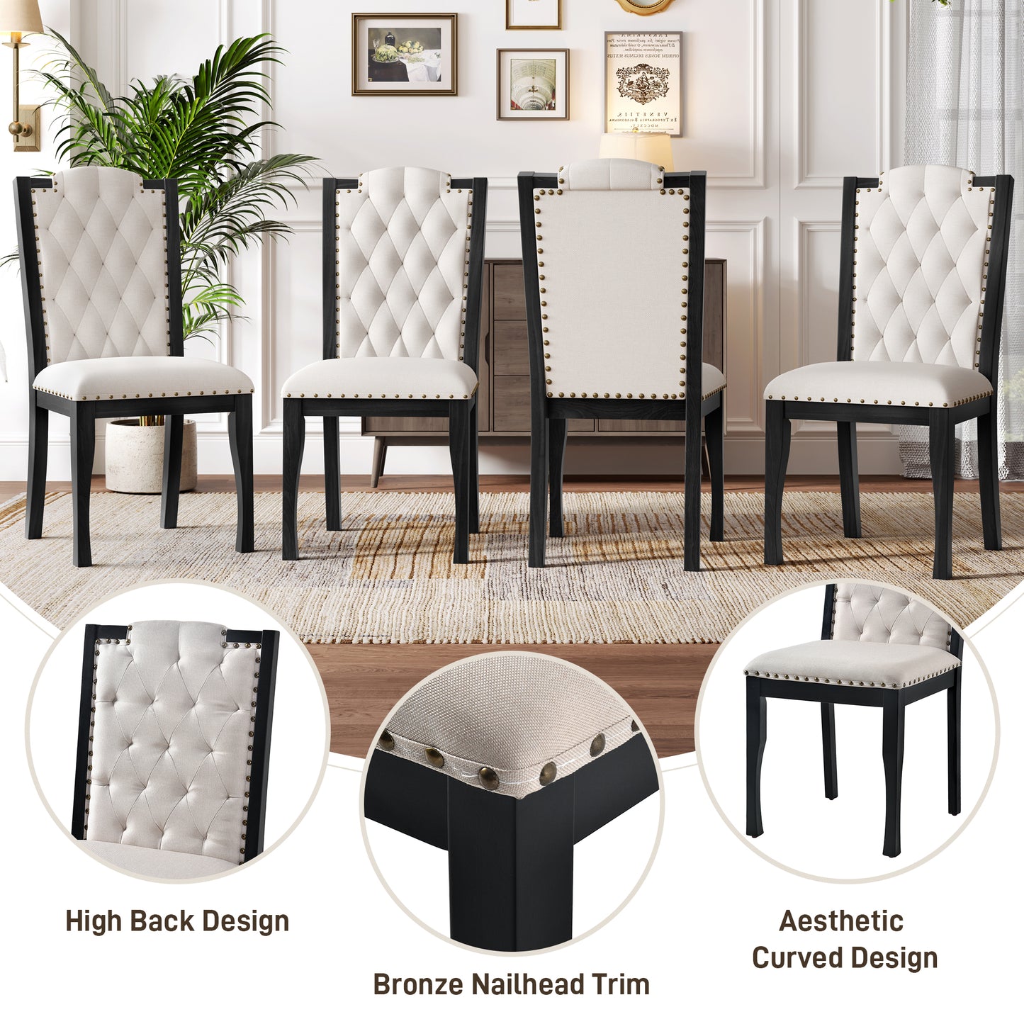 Upholstered Dining Chairs Set Of 4, High Back Diamond Button Tufted
