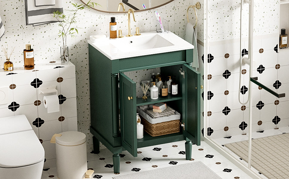 24-Inch Green Bathroom Vanity with Ceramic Sink & Storage