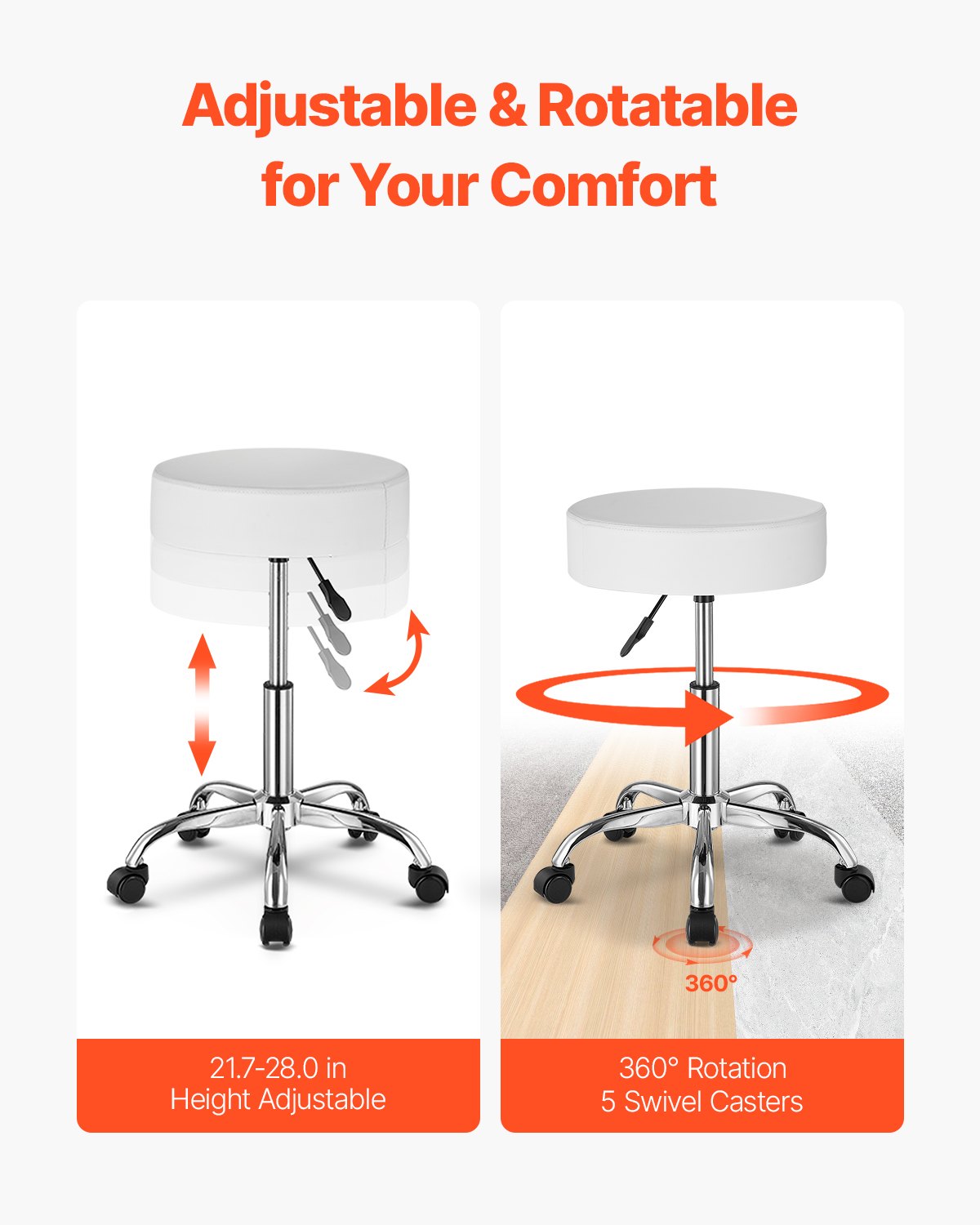 Height Adjustable Rolling Stool with Wheels - 450 lbs Capacity, White