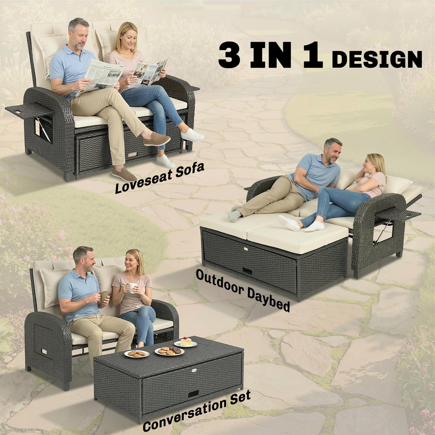 Outdoor Rattan Daybed with Storage Ottoman & Adjustable Backrest - Beige