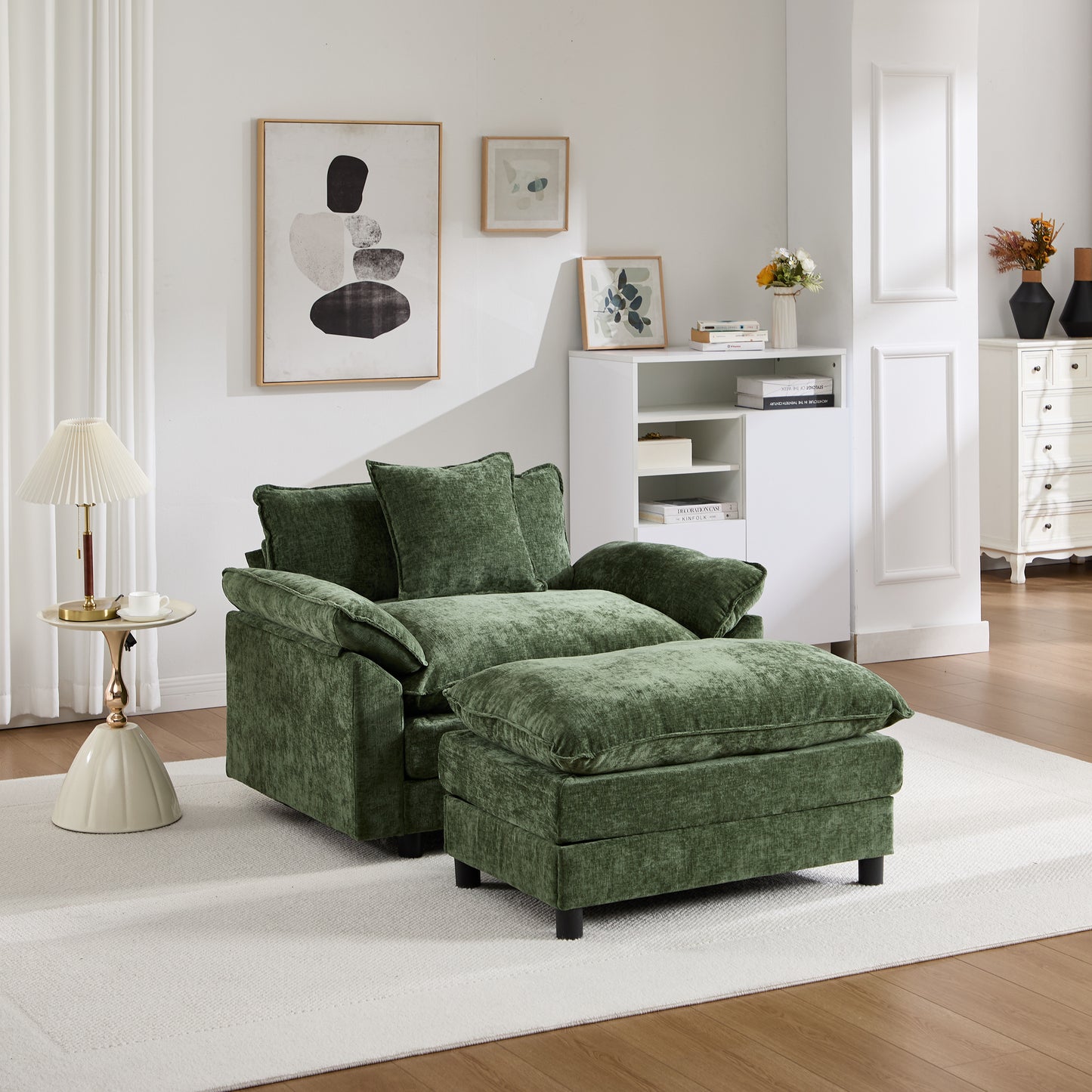 Modern Accent Chair with Ottoman - Green Chenille Upholstered Armchair