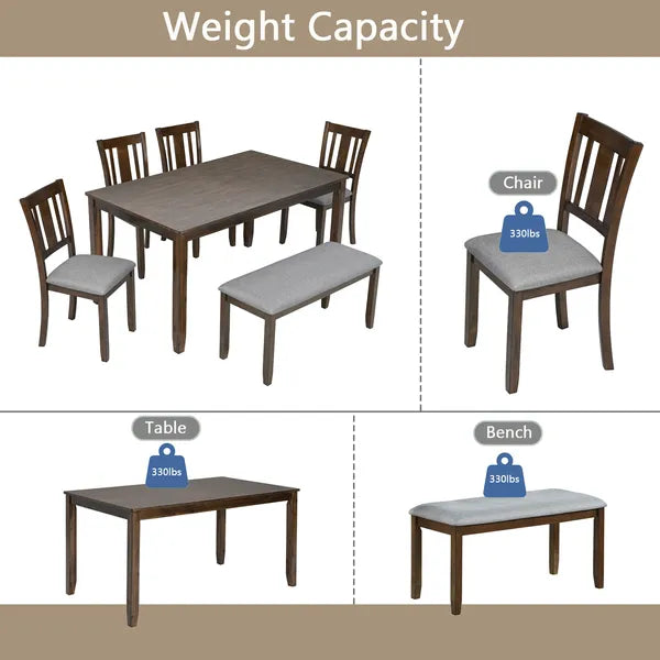 6-Piece Wooden Dining Table Set with Upholstered Chairs & Bench