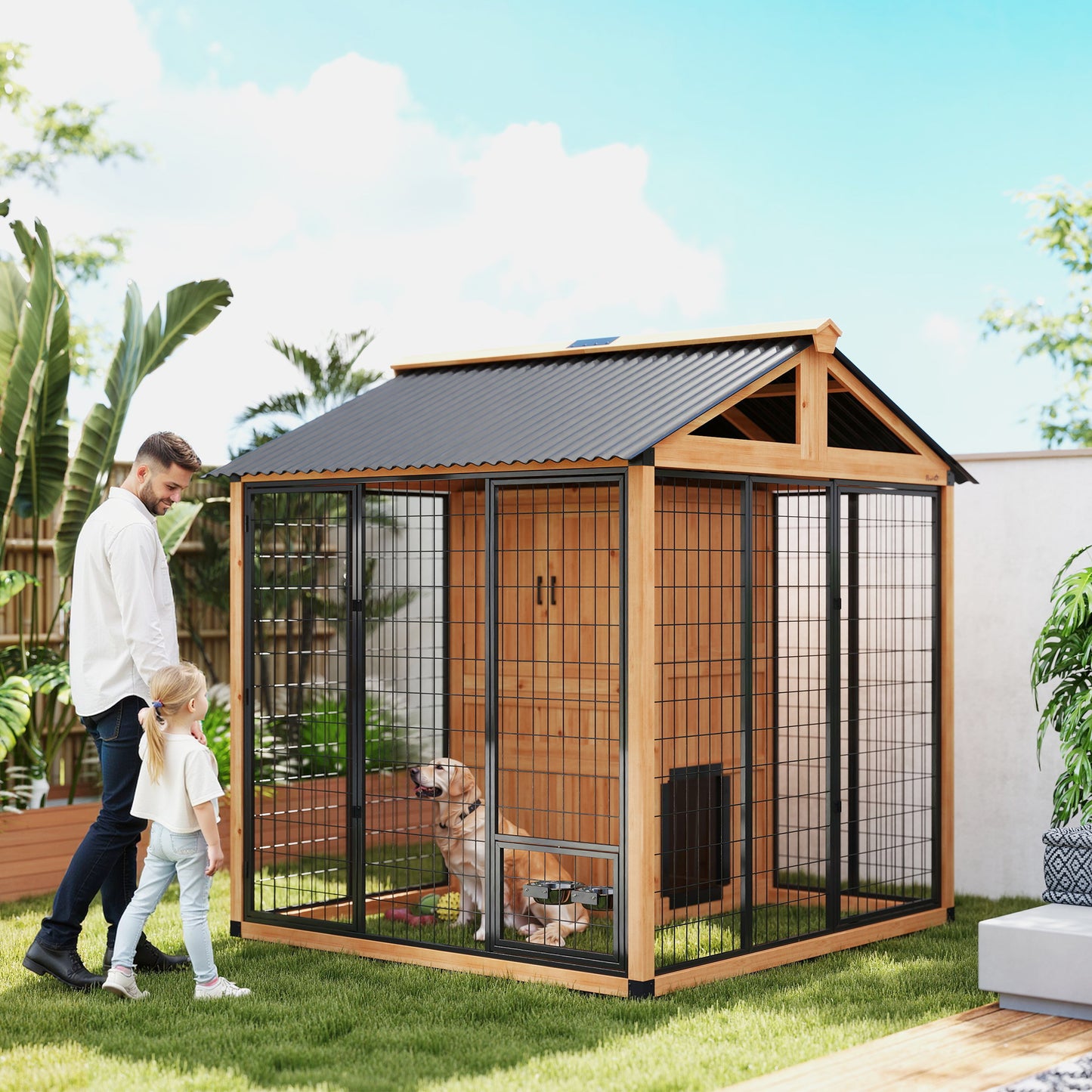 Large Outdoor Dog House with Storage Cabinet & Steel Bowls - Light Yellow