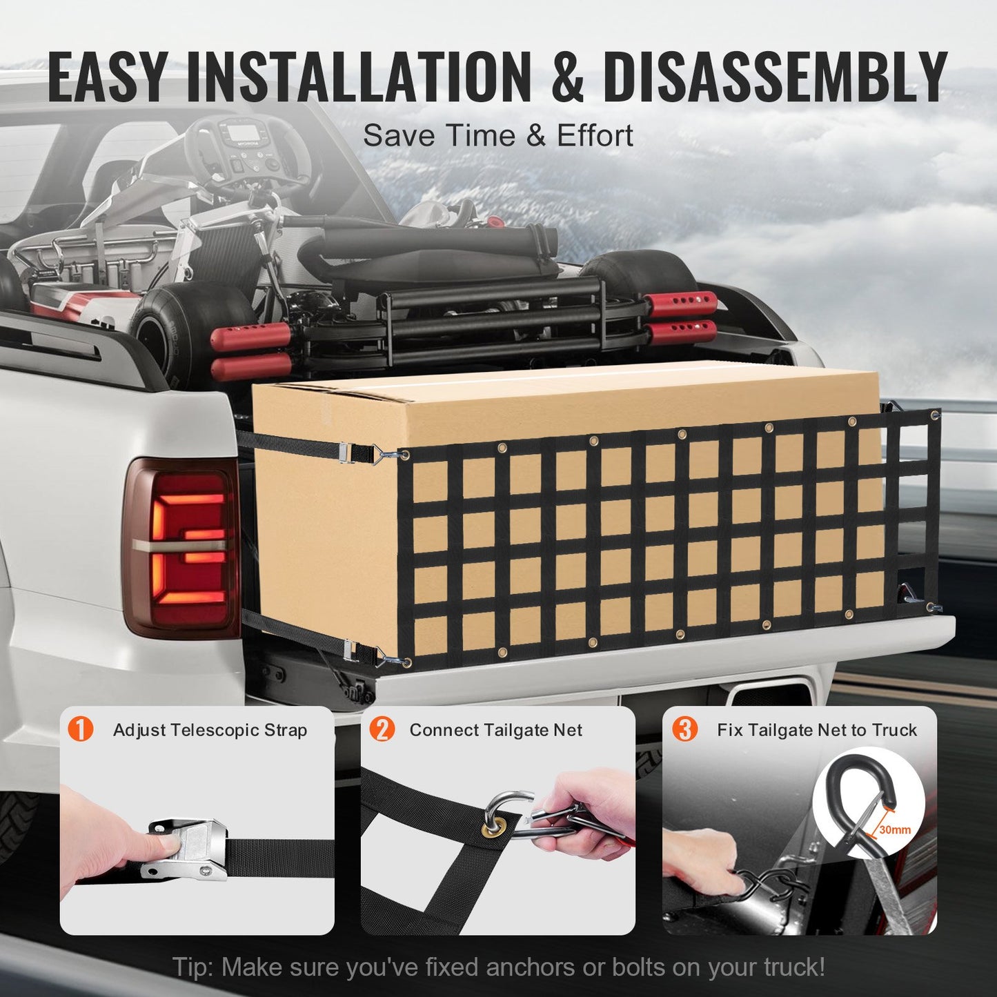60x18 Inch Heavy Duty Pickup Truck Tailgate Net Black for Full-Size Trucks